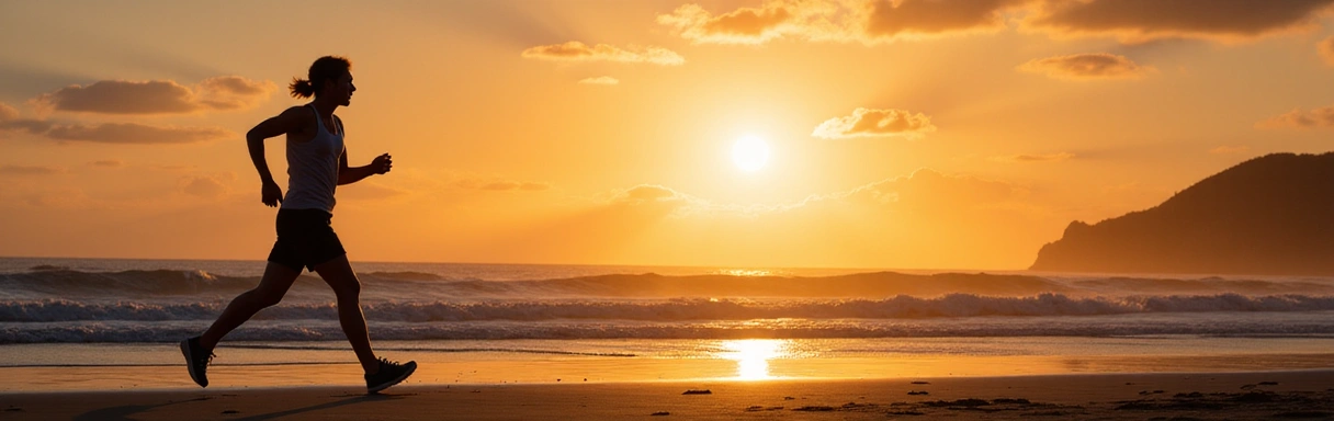 Szczęśliwa, aktywna osoba biegnąca po plaży o zachodzie słońca
